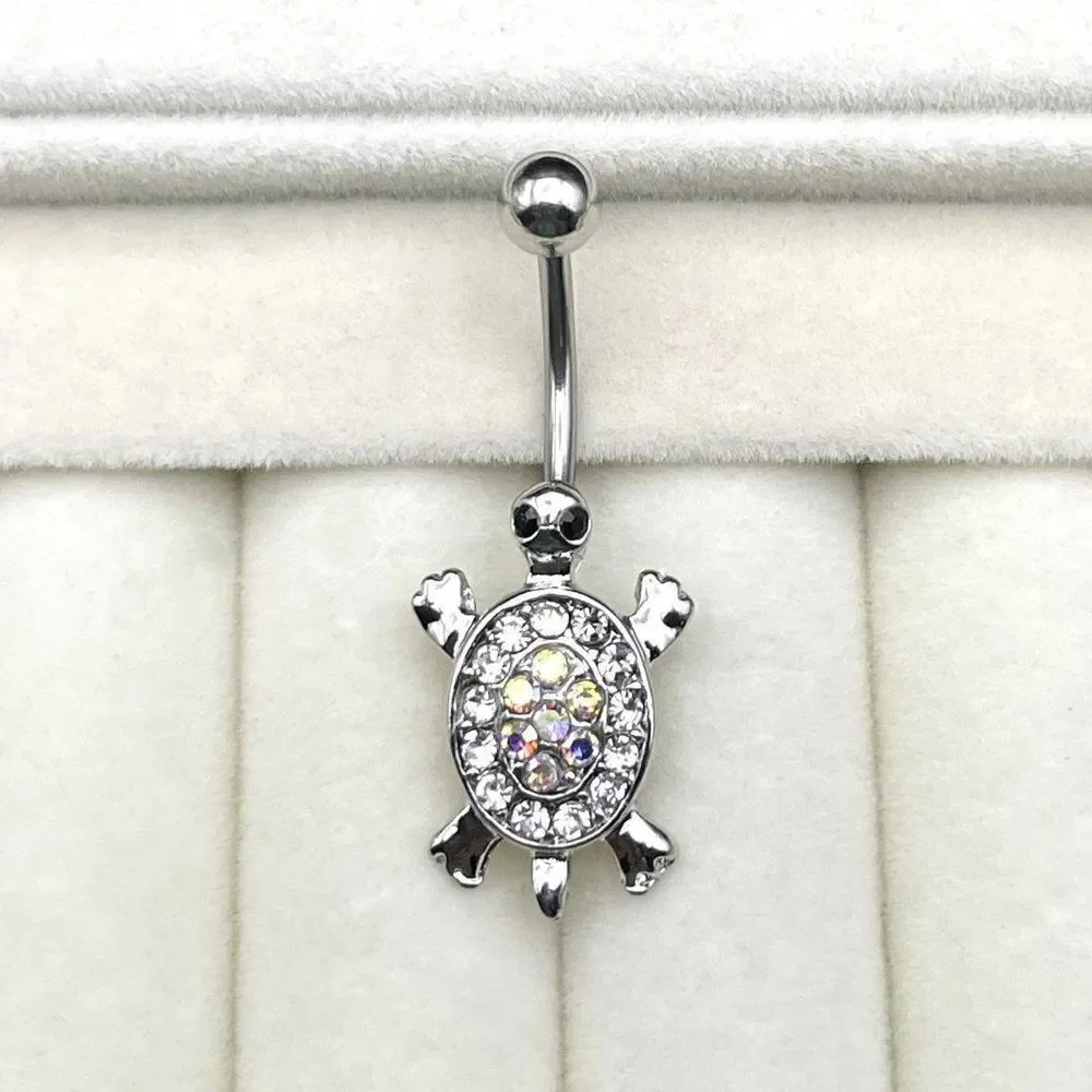 316L Stainless Steel with AB and Diamond Cubic Zirconia Sea Turtle Belly Ring